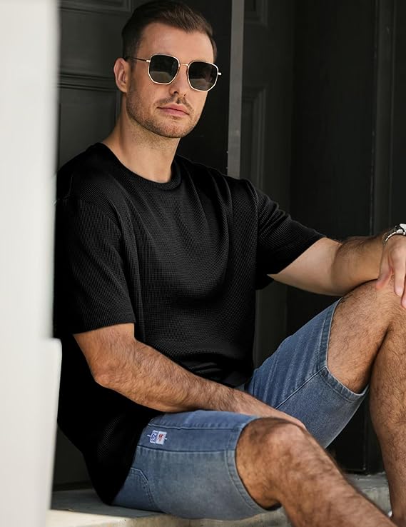 JMIERR Men's Casual T-Shirt Short Sleeve Waffle Crewneck T Shirts Soft Hawaiian Workout Beach Tees