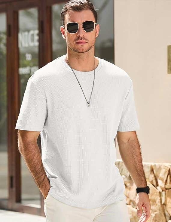 JMIERR Men's Casual T-Shirt Short Sleeve Waffle Crewneck T Shirts Soft Hawaiian Workout Beach Tees