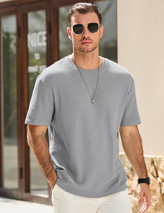 JMIERR Men's Casual T-Shirt Short Sleeve Waffle Crewneck T Shirts Soft Hawaiian Workout Beach Tees